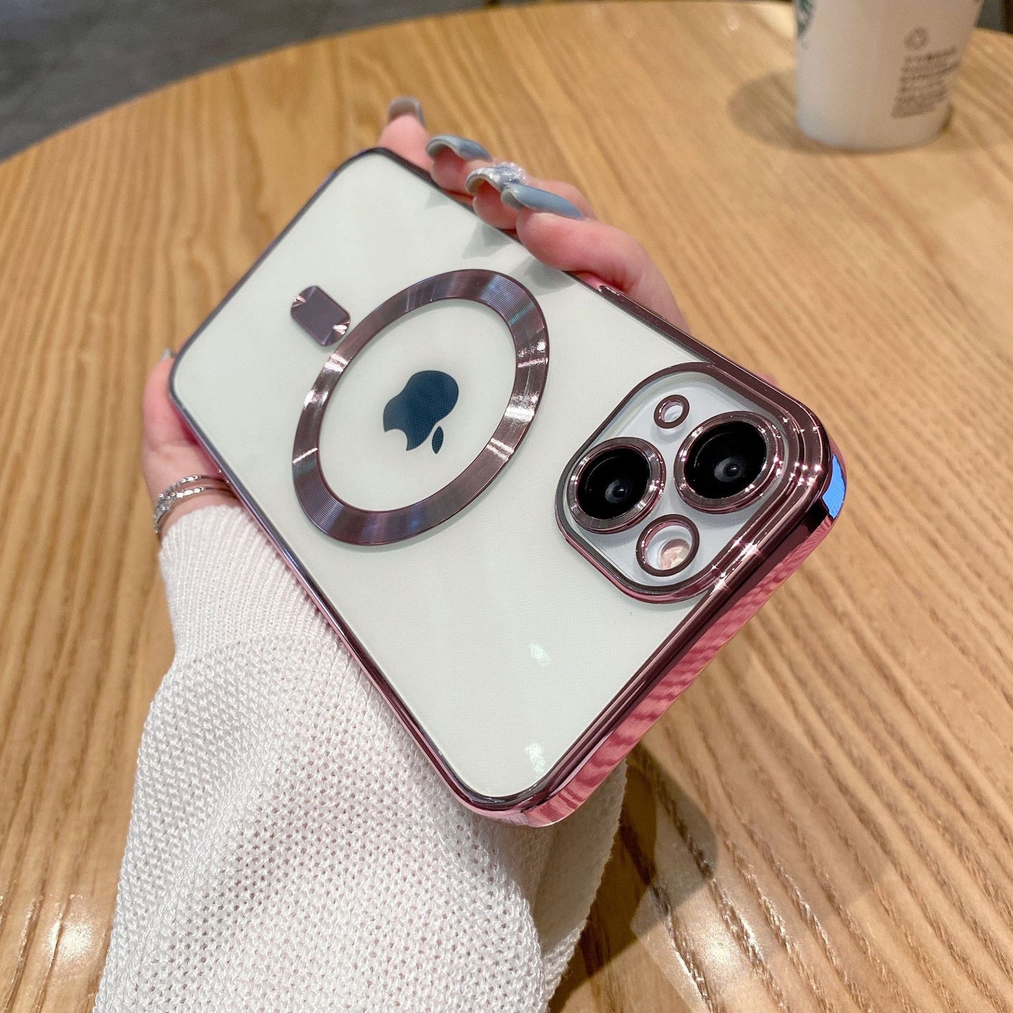 Luxurious White iPhone Case with Rose - Gold Metallic MagSafe Ring and Camera Protection