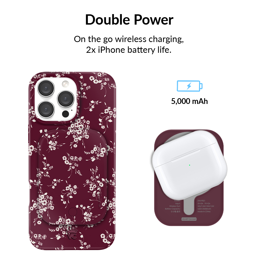 French Burgundy Floral MagSafe Battery Power Pack