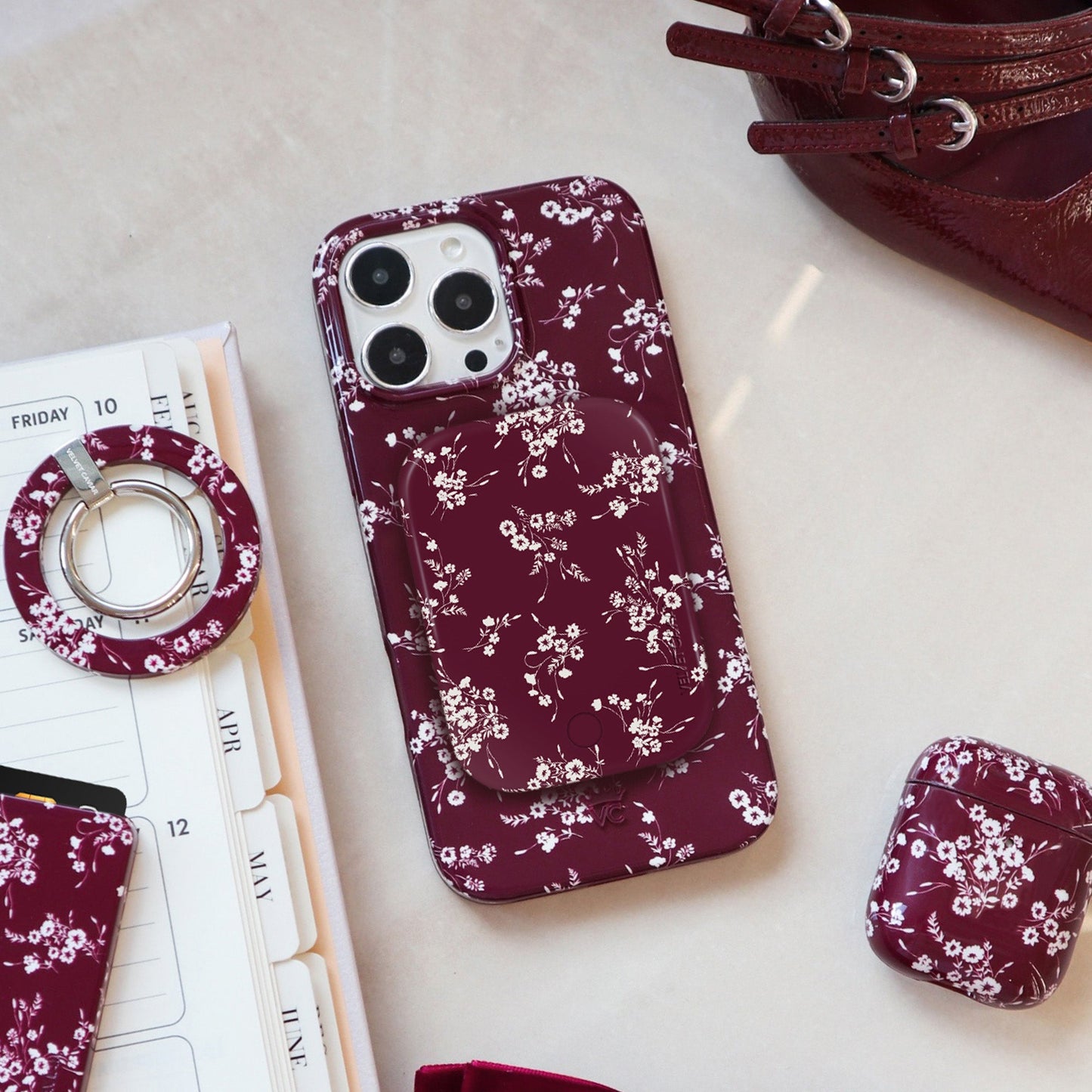 French Burgundy Floral MagSafe Battery Power Pack